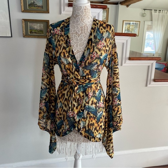 ASOS Chiffon Kimono Wide Sleeves Tie Front Animal Print NWT Sz 0 - Picture 2 of 8